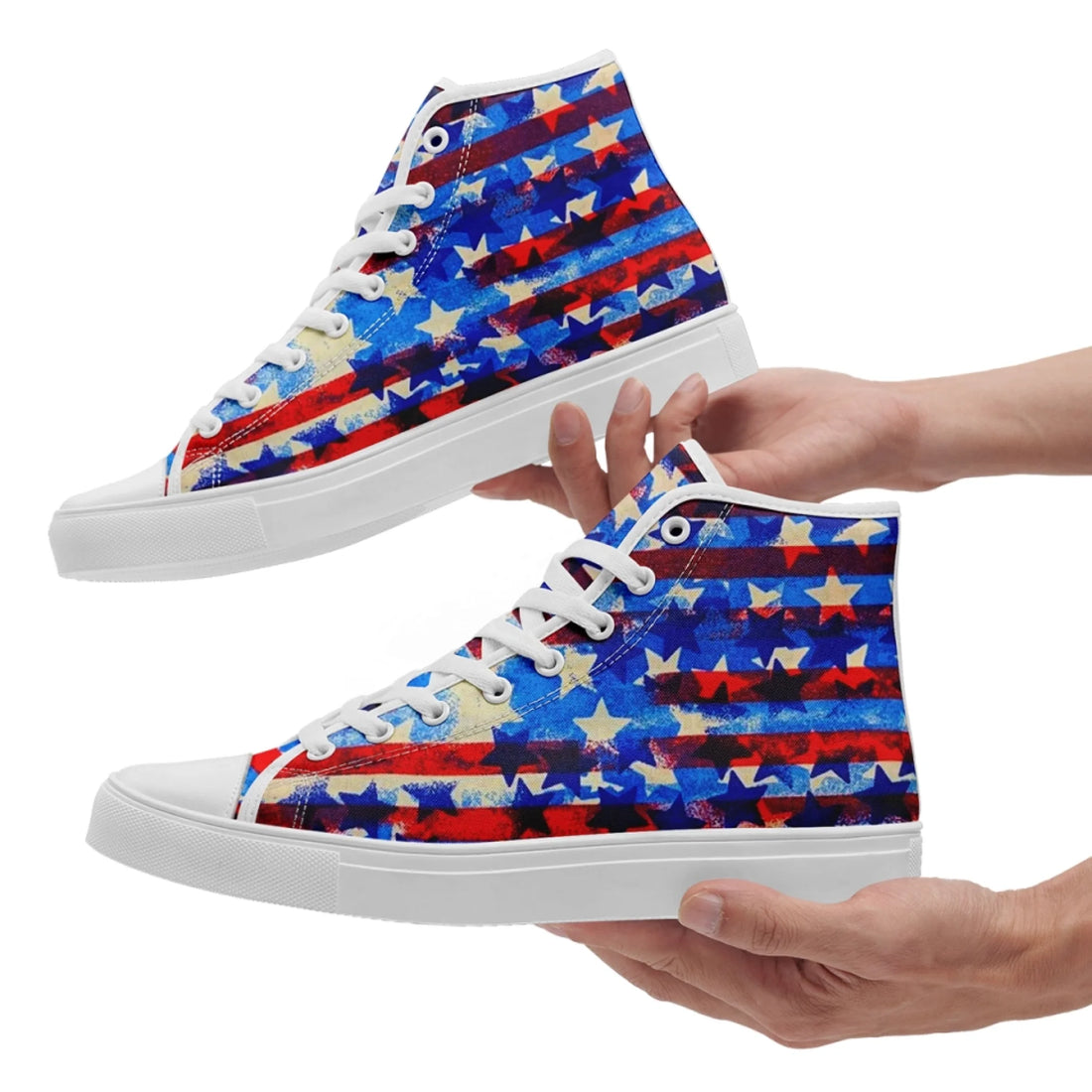 Custom American Flag High Top Canvas Sneakers | Personalized Patriotic Streetwear Shoes | Retro-Inspired Gift for USA Lovers